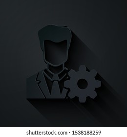 Paper cut Profile settings icon isolated on black background. User setting icon. Profile Avatar with cogwheel. Account icon. Male person silhouette. Paper art style. Vector Illustration