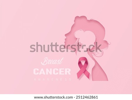 Paper cut profile of woman with pink ribbon and elegant design for breast cancer awareness.