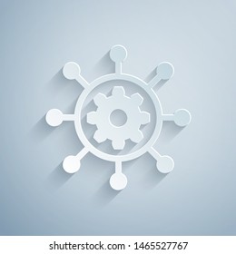 Paper cut Project management icon isolated on grey background. Hub and spokes and gear solid icon. Paper art style. Vector Illustration