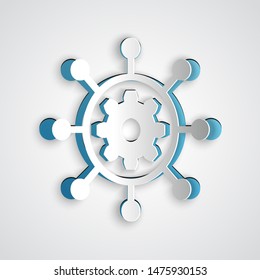 Paper cut Project management icon isolated on grey background. Hub and spokes and gear solid icon. Paper art style. Vector Illustration