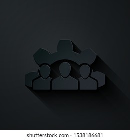 Paper cut Project team base icon isolated on black background. Business analysis and planning, consulting, team work, project management. Paper art style. Vector Illustration