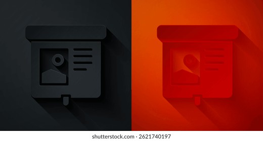 Icono de pantalla de proyección de corte de papel aislado sobre fondo negro y rojo. Video Contenido visual de presentación empresarial como diapositivas, infografías y fotografías. Estilo de arte de papel. Vector