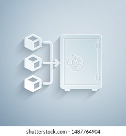 Paper cut Proof of stake icon isolated on grey background. Cryptocurrency economy and finance collection. Paper art style. Vector Illustration