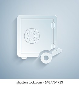 Paper cut Proof of stake icon isolated on grey background. Cryptocurrency economy and finance collection. Paper art style. Vector Illustration