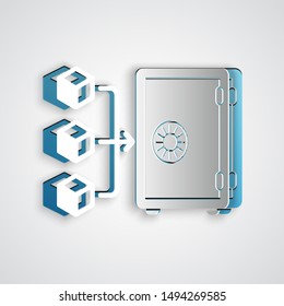 Paper cut Proof of stake icon isolated on grey background. Cryptocurrency economy and finance collection. Paper art style. Vector Illustration