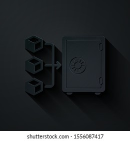 Paper cut Proof of stake icon isolated on black background. Cryptocurrency economy and finance collection. Paper art style. Vector Illustration