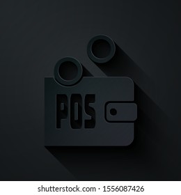 Paper cut Proof of stake icon isolated on black background. Cryptocurrency economy and finance collection. Paper art style. Vector Illustration