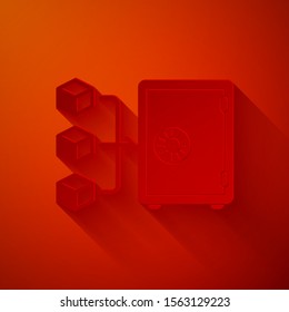 Paper cut Proof of stake icon isolated on red background. Cryptocurrency economy and finance collection. Paper art style. Vector Illustration