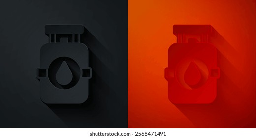 Paper cut Propane gas tank icon isolated on black and red background. Flammable gas tank icon. Paper art style. Vector