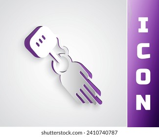 Paper cut Prosthesis hand icon isolated on grey background. Futuristic concept of bionic arm, robotic mechanical hand. Paper art style. Vector