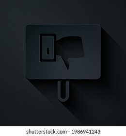 Paper cut Protest icon isolated on black background. Meeting, protester, picket, speech, banner, protest placard, petition, leader, leaflet. Paper art style. Vector