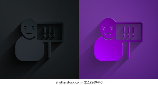 Paper cut Protest icon isolated on black on purple background. Meeting, protester, picket, speech, banner, protest placard, petition, leader, leaflet. Paper art style. Vector