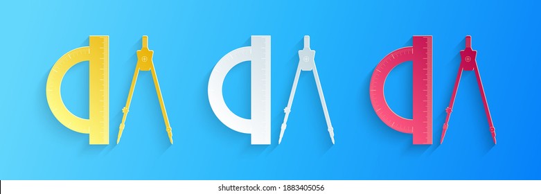 Paper cut Protractor and drawing compass icon isolated on blue background. Drawing professional instrument. Geometric equipment. Education sign. Paper art style. Vector.