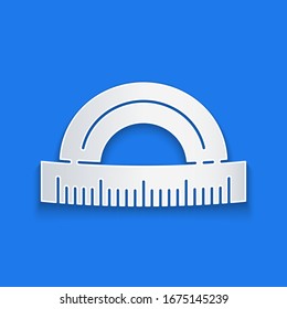 Paper cut Protractor grid for measuring degrees icon isolated on blue background. Tilt angle meter. Measuring tool. Geometric symbol. Paper art style. Vector Illustration