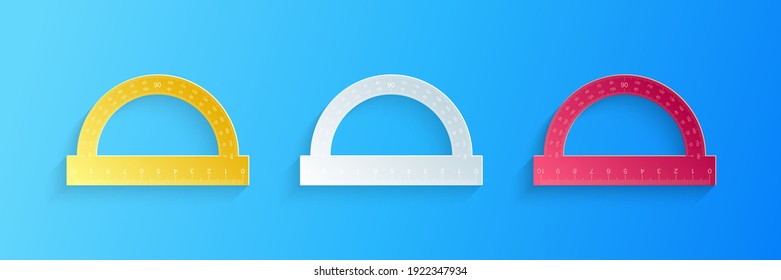 Paper cut Protractor grid for measuring degrees icon isolated on blue background. Tilt angle meter. Measuring tool. Geometric symbol. Paper art style. Vector.