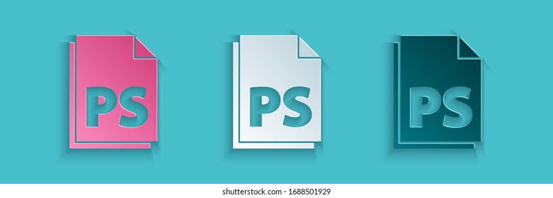 Paper cut PS File document icon isolated on blue background. Paper art style. Vector Illustration