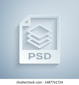 Paper cut PSD file document. Download psd button icon isolated on grey background. PSD file symbol. Paper art style. Vector Illustration