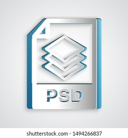 Paper cut PSD file document. Download psd button icon isolated on grey background. PSD file symbol. Paper art style. Vector Illustration