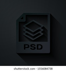 Paper cut PSD file document. Download psd button icon isolated on black background. PSD file symbol. Paper art style. Vector Illustration