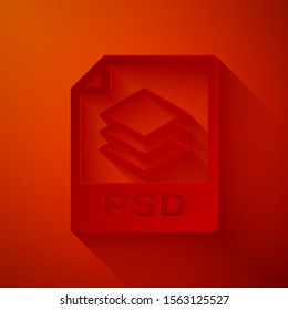 Paper cut PSD file document. Download psd button icon isolated on red background. PSD file symbol. Paper art style. Vector Illustration