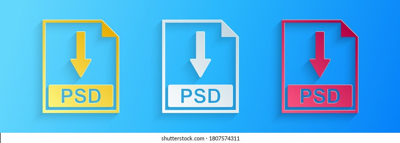 Paper cut PSD file document icon. Download PSD button icon isolated on blue background. Paper art style. Vector.