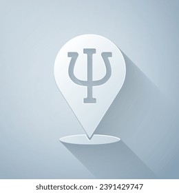 Paper cut Psychology icon isolated on grey background. Psi symbol. Mental health concept, psychoanalysis analysis and psychotherapy. Paper art style. Vector