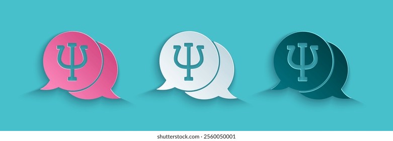 Paper cut Psychology icon isolated on blue background. Psi symbol. Mental health concept, psychoanalysis analysis and psychotherapy. Paper art style. Vector