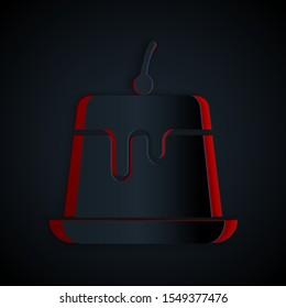 Paper cut Pudding custard with caramel glaze icon isolated on black background. Paper art style. Vector Illustration