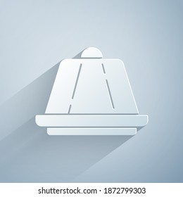 Paper cut Pudding custard with caramel glaze icon isolated on grey background. Paper art style. Vector