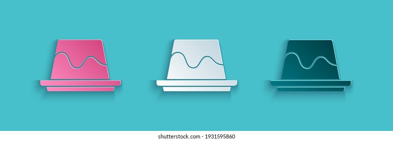 Paper cut Pudding custard with caramel glaze icon isolated on blue background. Paper art style. Vector