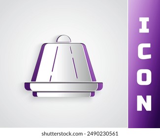 Paper cut Pudding custard with caramel glaze icon isolated on grey background. Paper art style. Vector