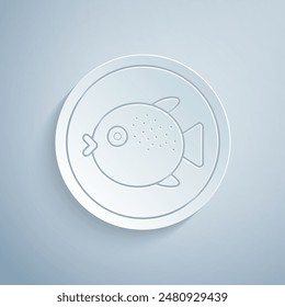 Paper cut Puffer fish on a plate icon isolated on grey background. Fugu fish japanese puffer fish. Paper art style. Vector