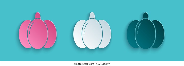 Icono de calabaza cortada en papel aislado en fondo azul. Feliz fiesta de Halloween. Estilo de arte de papel.  Ilustración vectorial