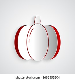 Paper cut Pumpkin icon isolated on grey background. Happy Halloween party. Paper art style. Vector Illustration