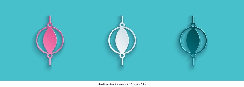 Paper cut Punching bag icon isolated on blue background. Paper art style. Vector