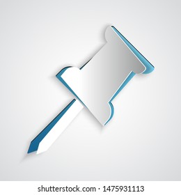 Paper cut Push pin icon isolated on grey background. Thumbtacks sign. Paper art style. Vector Illustration