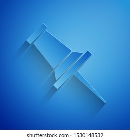 Paper cut Push pin icon isolated on blue background. Thumbtacks sign. Paper art style. Vector Illustration