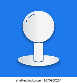 Paper cut Push pin icon isolated on blue background. Thumbtacks sign. Paper art style. Vector Illustration