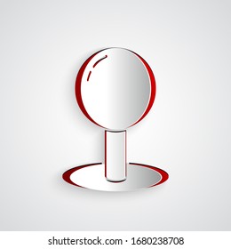 Paper cut Push pin icon isolated on grey background. Thumbtacks sign. Paper art style. Vector Illustration