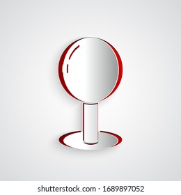 Paper cut Push pin icon isolated on grey background. Thumbtacks sign. Paper art style. Vector Illustration