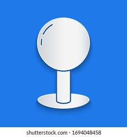 Paper cut Push pin icon isolated on blue background. Thumbtacks sign. Paper art style. Vector Illustration