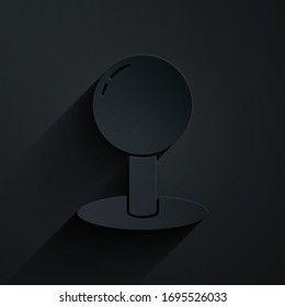 Paper cut Push pin icon isolated on black background. Thumbtacks sign. Paper art style. Vector Illustration
