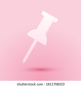 Paper cut Push pin icon isolated on pink background. Thumbtacks sign. Paper art style. Vector.