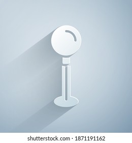 Paper cut Push pin icon isolated on grey background. Thumbtacks sign. Paper art style. Vector