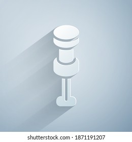 Paper cut Push pin icon isolated on grey background. Thumbtacks sign. Paper art style. Vector
