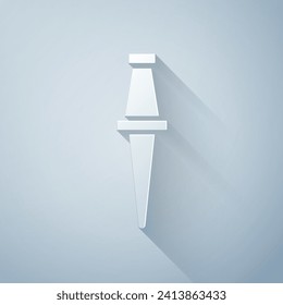 Recorte de papel Icono del pasador de inserción aislado en el fondo gris. Señal de miniaturas. Estilo de arte de papel. Ilustración vectorial