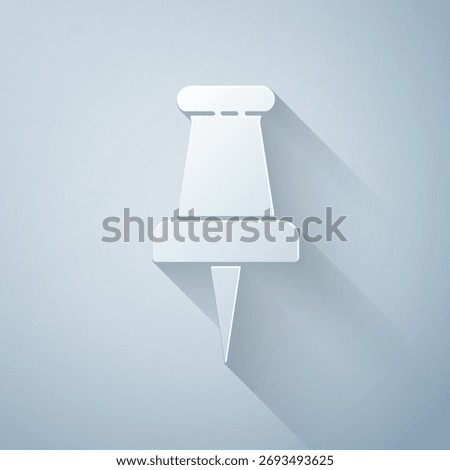 Paper cut Push pin icon isolated on grey background. Thumbtacks sign. Paper art style. Vector Illustration