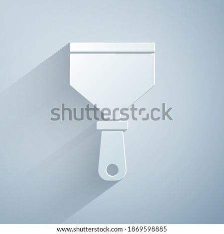 Paper cut Putty knife icon isolated on grey background. Spatula repair tool. Spackling or paint instruments. Paper art style. Vector