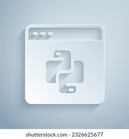 Paper cut Python programming language icon isolated on grey background. Python coding language sign on browser. Device, programming, developing concept. Paper art style. Vector