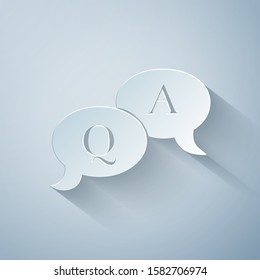 Paper cut Question and Answer mark in speech bubble icon isolated on grey background. Q and A symbol. FAQ sign. Copy files, chat speech bubble and chart web icons. Paper art style. Vector Illustration